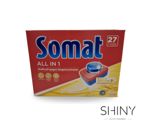 Somat tablete All in One. Odstranjujejo tudi najtrdovratnejše madeže ter negujejo pomivalni stroj. Najugodnejša izbira doslej, na shiny-outlet.si