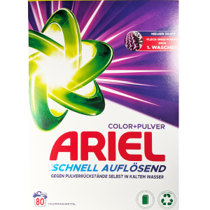 Ariel prašek za pranje perila Color – močna formula za popolno čistočo in svežino že pri 20 °C. Učinkovit pri vseh trdotah vode, idealen za barvno perilo.