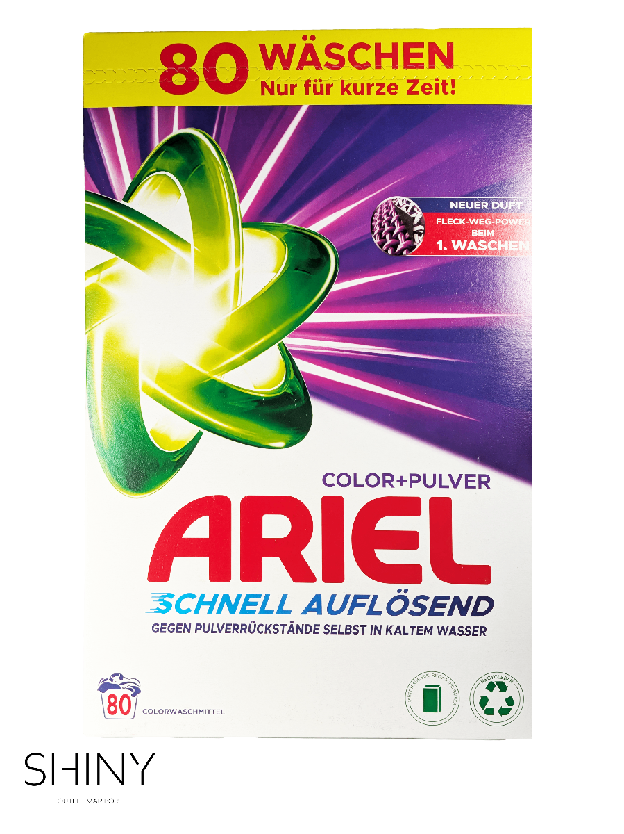 Ariel prašek za pranje perila Color – močna formula za popolno čistočo in svežino že pri 20 °C. Učinkovit pri vseh trdotah vode, idealen za barvno perilo.