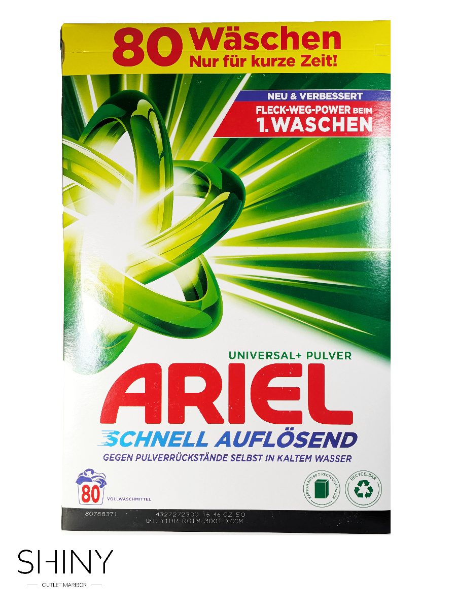 Ariel prašek za pranje perila Universal – močna formula za popolno čistočo in svežino že pri 20 °C. Učinkovit pri vseh trdotah vode, idealen za belo in barvno perilo