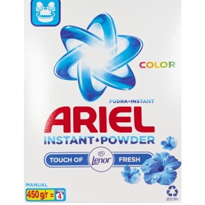 Ariel Color Instant Powder with Touch of Lenor – prašek za pranje, ki učinkovito odstranjuje madeže, ohranja barve ter oblačilom podari dolgotrajno svežino Lenor vonja.
