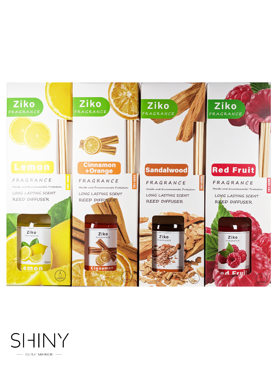 Ziko dišeče palčke / tekoči difuzer 100 ml – sortiran vonj (Red Fruits, Cinnamon & Orange, Lemon, Sandalwood). Eleganten ambient in dolgotrajna svežina v prostoru.