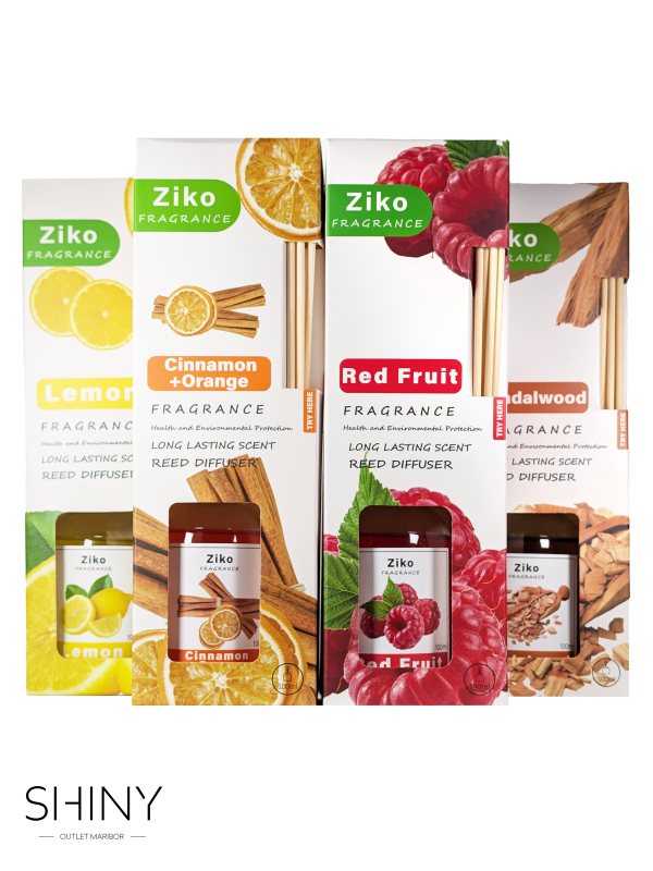 Ziko dišeče palčke / tekoči difuzer 100 ml – sortiran vonj (Red Fruits, Cinnamon & Orange, Lemon, Sandalwood). Eleganten ambient in dolgotrajna svežina v prostoru.