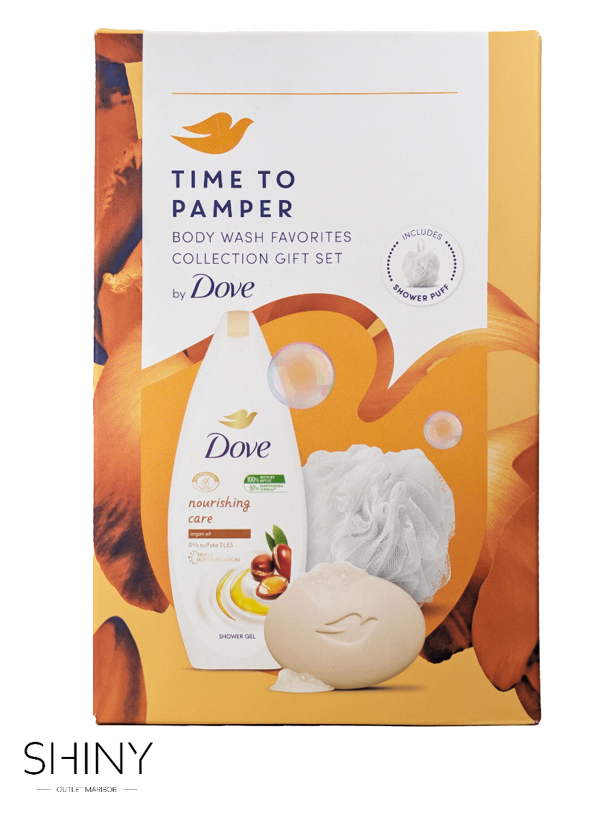 Dove darilni set vsebuje trdo milo, tekoč gel za tuširanje in priročno kopalno gobico. Za vas ali kot darilo za najbližje. Več na shiny-outlet.si