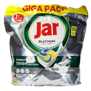 Jar Platinum All in One kapsule za pomivalni stroj učinkovito odstranijo maščobo in ostanke hrane že pri prvem pranju ter pustijo posodo sijoče čisto brez predpomivanja.