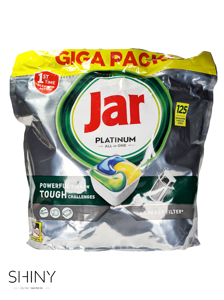 Jar Platinum All in One kapsule za pomivalni stroj učinkovito odstranijo maščobo in ostanke hrane že pri prvem pranju ter pustijo posodo sijoče čisto brez predpomivanja.