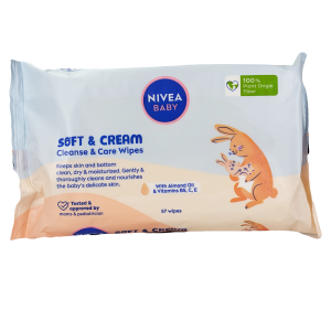 NIVEA Baby Cleanse & Care robčki (57 kosov) nežno očistijo in negujejo občutljivo otroško kožo z mandljevim oljem in aloe vero – primerni že od rojstva.
