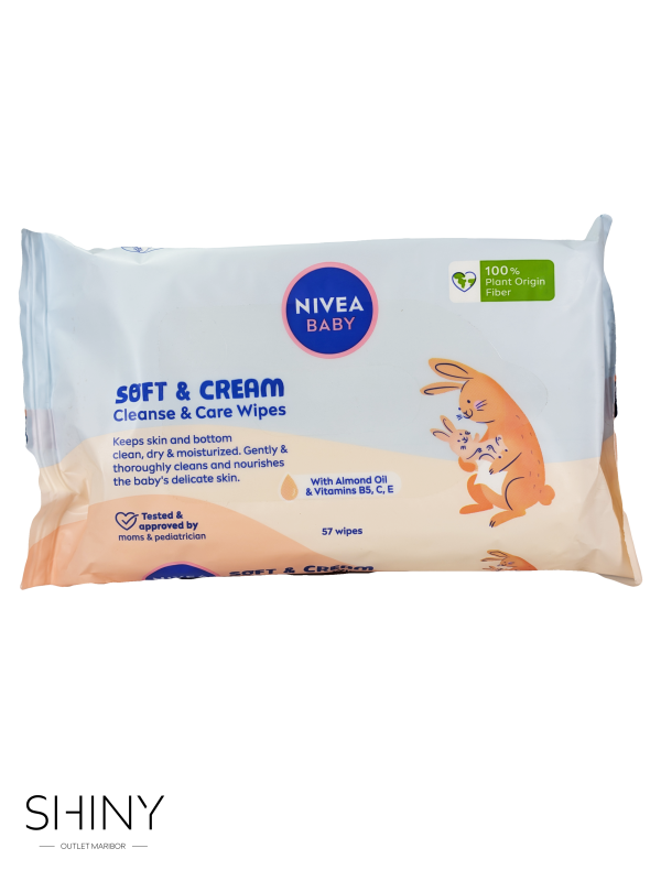 NIVEA Baby Cleanse & Care robčki (57 kosov) nežno očistijo in negujejo občutljivo otroško kožo z mandljevim oljem in aloe vero – primerni že od rojstva.