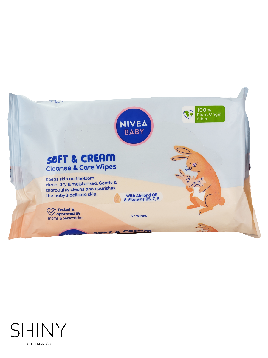 NIVEA Baby Cleanse & Care robčki (57 kosov) nežno očistijo in negujejo občutljivo otroško kožo z mandljevim oljem in aloe vero – primerni že od rojstva.