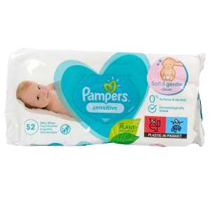 Pampers Sensitive robčki (52 kosov) nežno čistijo občutljivo otroško kožo brez alkohola in parfumov ter pomagajo ohranjati njen naravni pH.