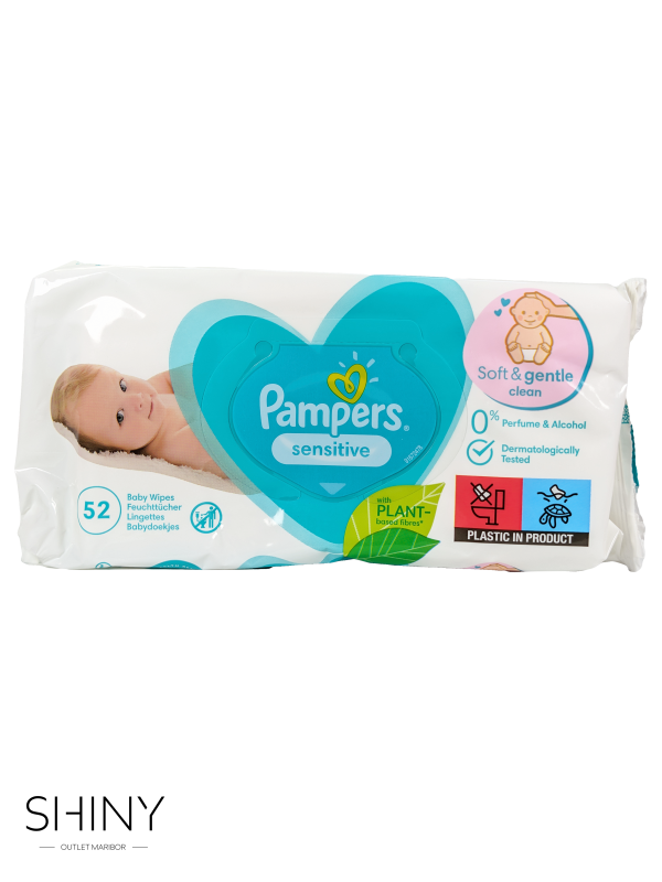 Pampers Sensitive robčki (52 kosov) nežno čistijo občutljivo otroško kožo brez alkohola in parfumov ter pomagajo ohranjati njen naravni pH.