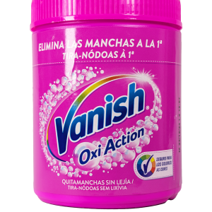 Vanish Oxi Action prašek z močjo aktivnega kisika odstranjuje trdovratne madeže in ohranja perilo sijoče čisto. Primeren za belo perilo.