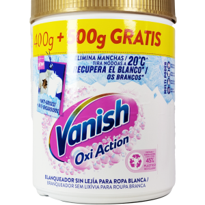 Vanish Oxi Action prašek z močjo aktivnega kisika odstranjuje trdovratne madeže in ohranja perilo sijoče čisto. Primeren za belo perilo.