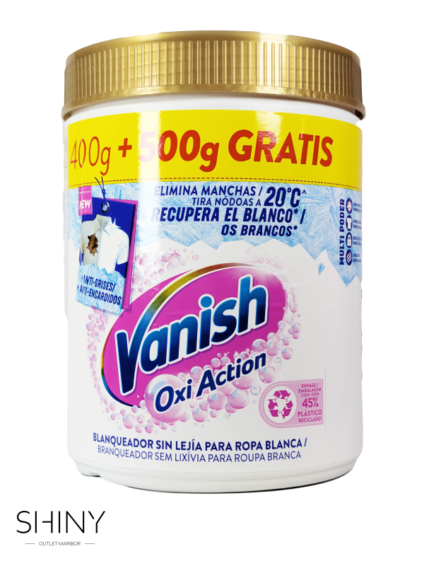 Vanish Oxi Action prašek z močjo aktivnega kisika odstranjuje trdovratne madeže in ohranja perilo sijoče čisto. Primeren za belo perilo.