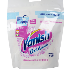 Vanish Oxi Action prašek z močjo aktivnega kisika odstranjuje trdovratne madeže in ohranja perilo sijoče čisto. Primeren za belo perilo.