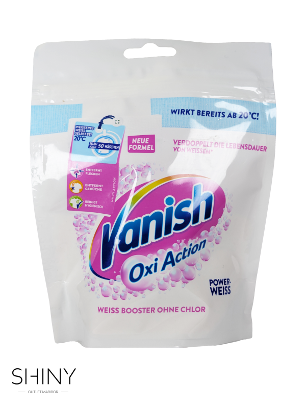 Vanish Oxi Action prašek z močjo aktivnega kisika odstranjuje trdovratne madeže in ohranja perilo sijoče čisto. Primeren za belo perilo.