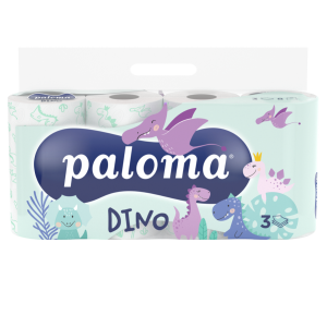 Paloma Dino 3-slojni toaletni papir (8/1) z motivom dinozavrov – nežen do občutljive otroške kože, dermatološko testiran in zabaven za otroke.
