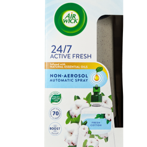 Air Wick Active Fresh Non-Aerosol Automatic Spray – Fresh Cotton (228 ml) za dolgotrajno svežino prostora z enostavno avtomatsko razpršitvijo.