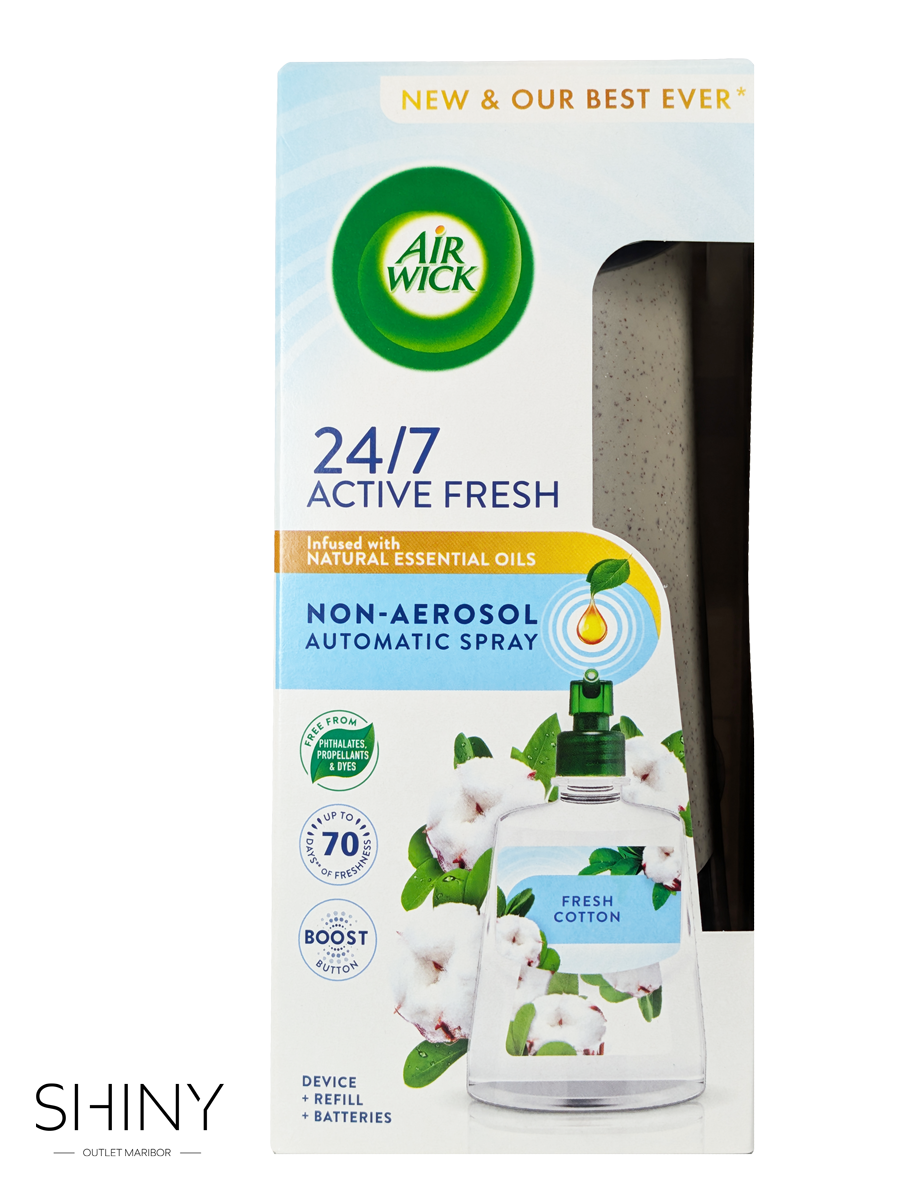 Air Wick Active Fresh Non-Aerosol Automatic Spray – Fresh Cotton (228 ml) za dolgotrajno svežino prostora z enostavno avtomatsko razpršitvijo.