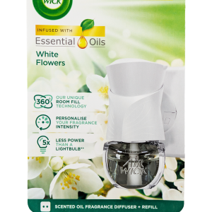 Air Wick Scented Oil – White Flowers, električni difuzor z nežnim cvetličnim vonjem, do 120 dni dolgotrajne svežine.