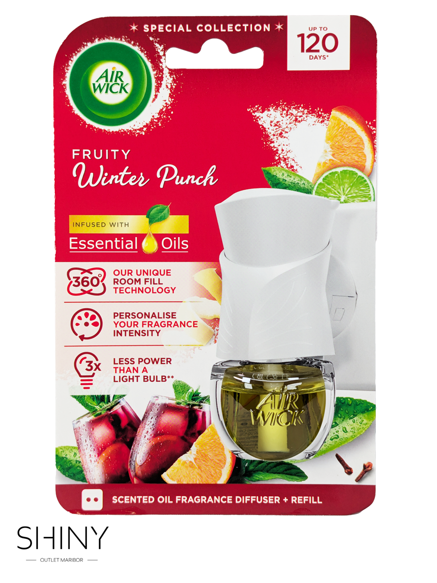 Air Wick Scented Oil – Fruity Winter Punch, električni difuzor z sadnim vonjem, do 120 dni dolgotrajne svežine doma.