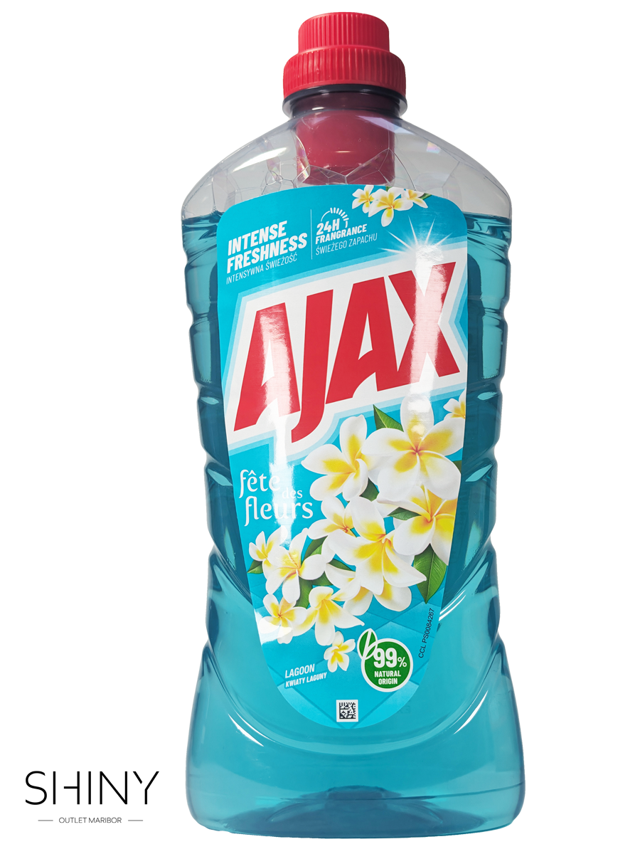Ajax Fête des Fleurs Lagoon (1000 ml) – čistilo z 99 % naravnih sestavin, dolgotrajno 24-urno svežino in cvetlično-morskim vonjem za sijoče čiste površine.