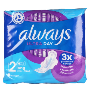 Always Ultra Day Long 2 (8 kosov) – tanki in zanesljivi vložki z InstantDry™ tehnologijo za dolgotrajno suhost in udobje pri srednje do močnih dnevih.