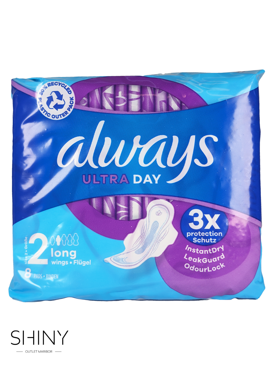Always Ultra Day Long 2 (8 kosov) – tanki in zanesljivi vložki z InstantDry™ tehnologijo za dolgotrajno suhost in udobje pri srednje do močnih dnevih.