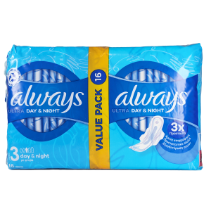 Always Ultra Day & Night 3 Value Pack (16 kosov) – zanesljiva dnevna in nočna zaščita z InstantDry™ tehnologijo za maksimalno udobje in suhost.