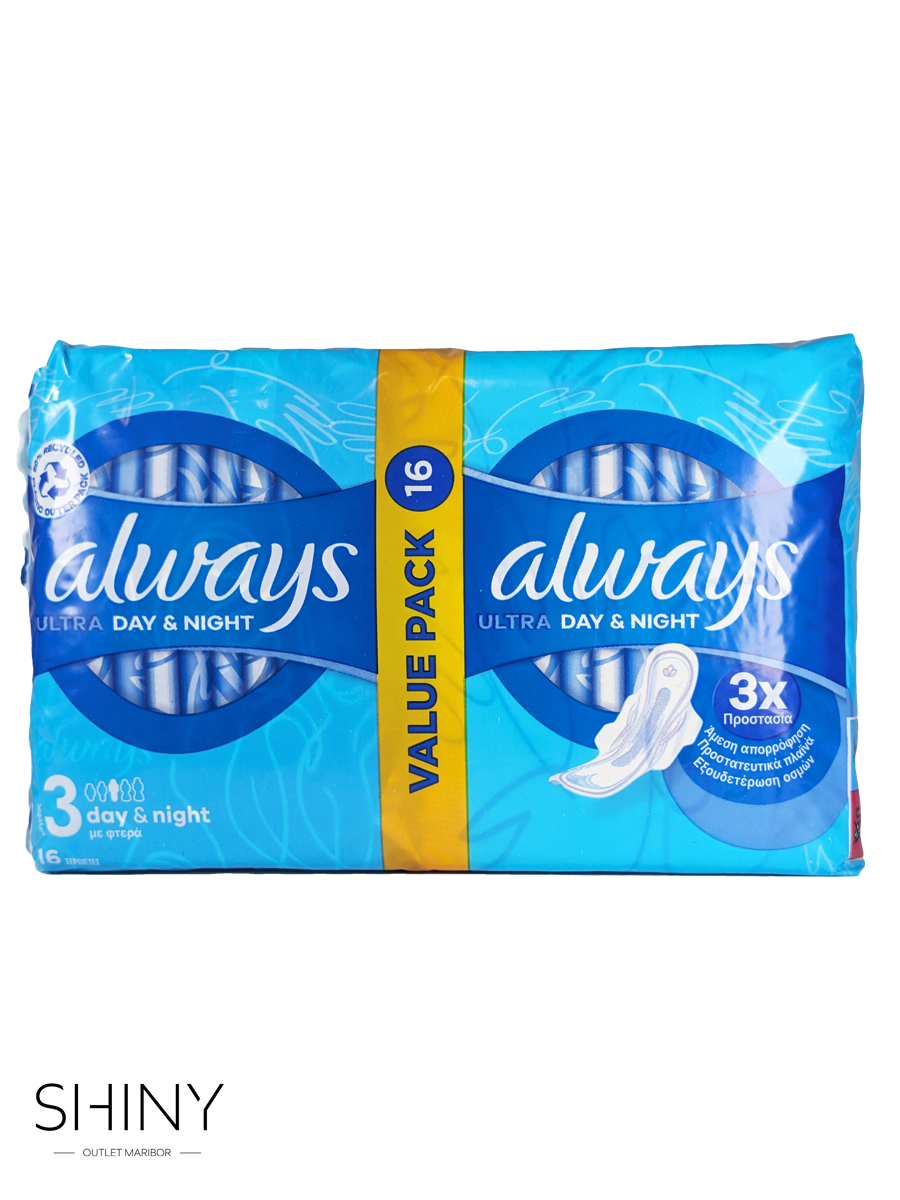 Always Ultra Day & Night 3 Value Pack (16 kosov) – zanesljiva dnevna in nočna zaščita z InstantDry™ tehnologijo za maksimalno udobje in suhost.