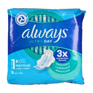 Always Ultra Day Normal (9 kosov) – tanki, udobni vložki z InstantDry™ tehnologijo za dolgotrajno zaščito in občutek suhosti čez dan.