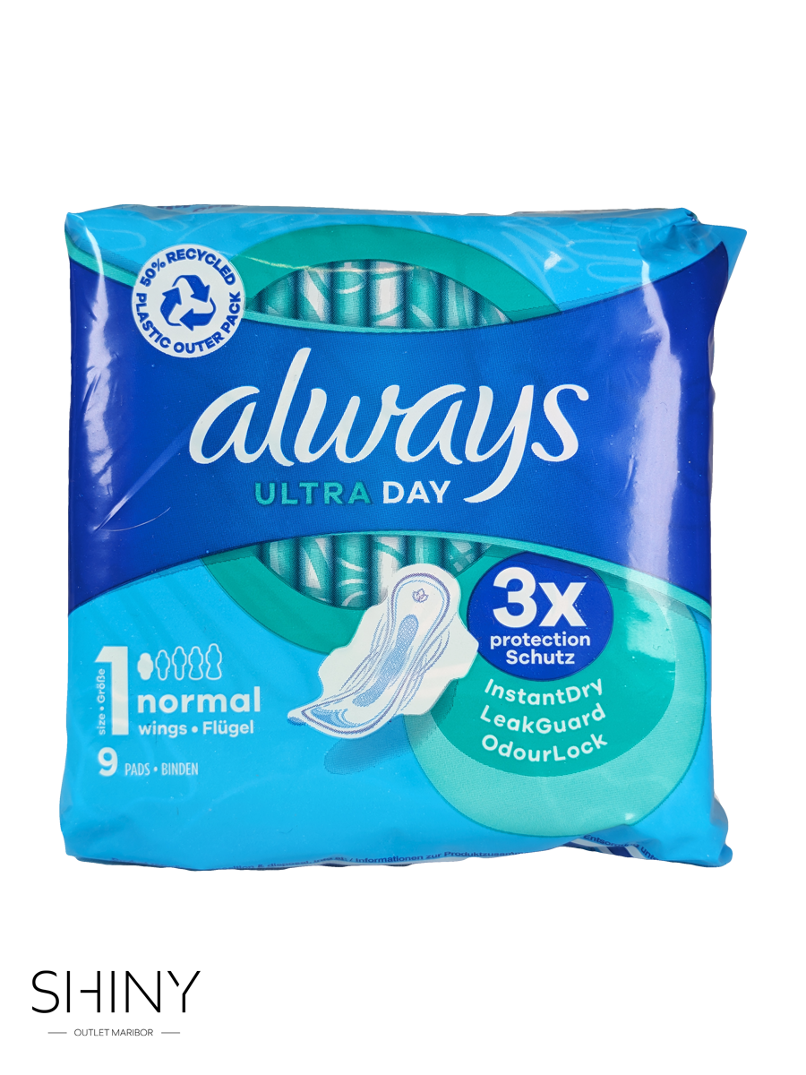 Always Ultra Day Normal (9 kosov) – tanki, udobni vložki z InstantDry™ tehnologijo za dolgotrajno zaščito in občutek suhosti čez dan.