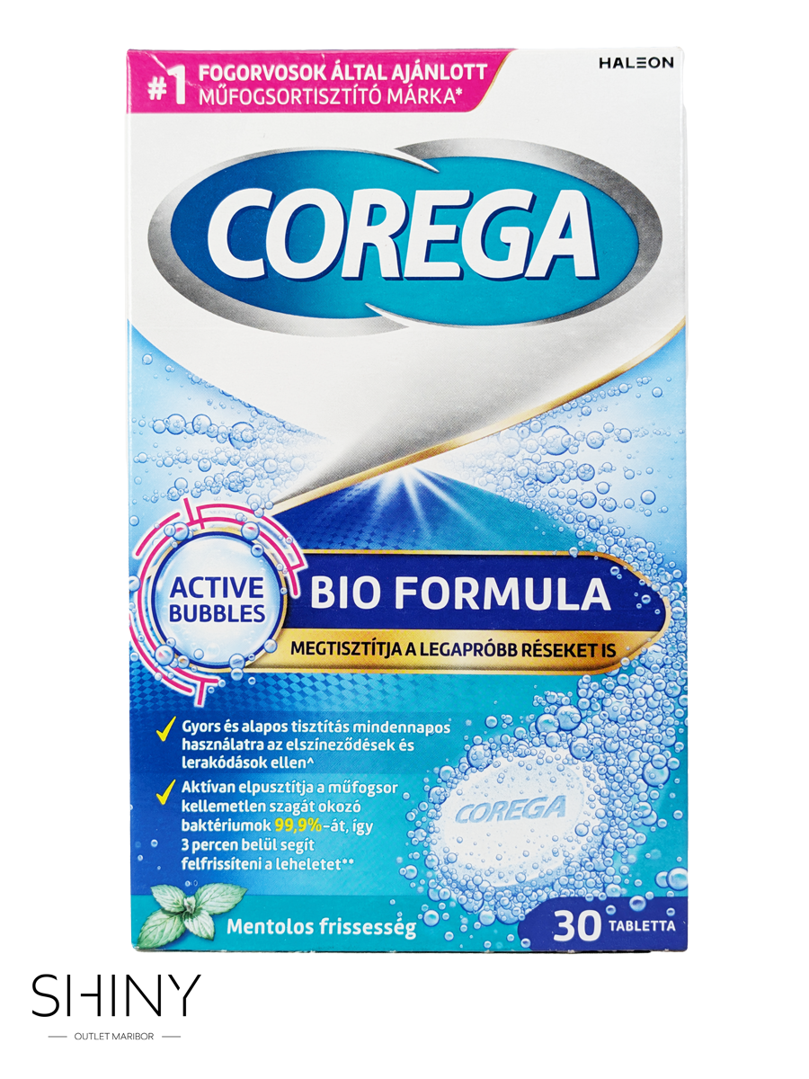 Corega šumeče tablete Mentol Fresh učinkovito odstranijo bakterije in madeže s protez ter zagotovijo dolgotrajno svežino in higieno vsak dan.