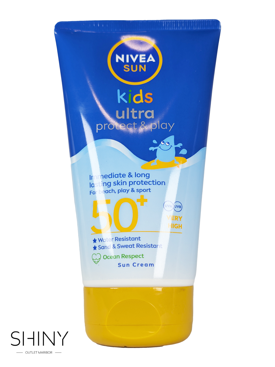 Nivea Sun Kids Ultra Protect & Play SPF 50 – visoko zaščitni otroški sončni losjon, odporen na vodo in pesek, za varno igro na soncu.