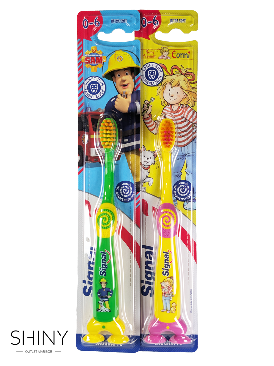 Signal Ultra Soft otroška zobna ščetka 0–6 let z vakumskimi nogicami za nežno čiščenje mlečnih zob in dlesni.