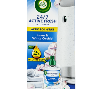 Air Wick Active Fresh Non-Aerosol Automatic Spray – Linen Orchid (228 ml) za dolgotrajno svežino prostora z enostavno avtomatsko razpršitvijo.