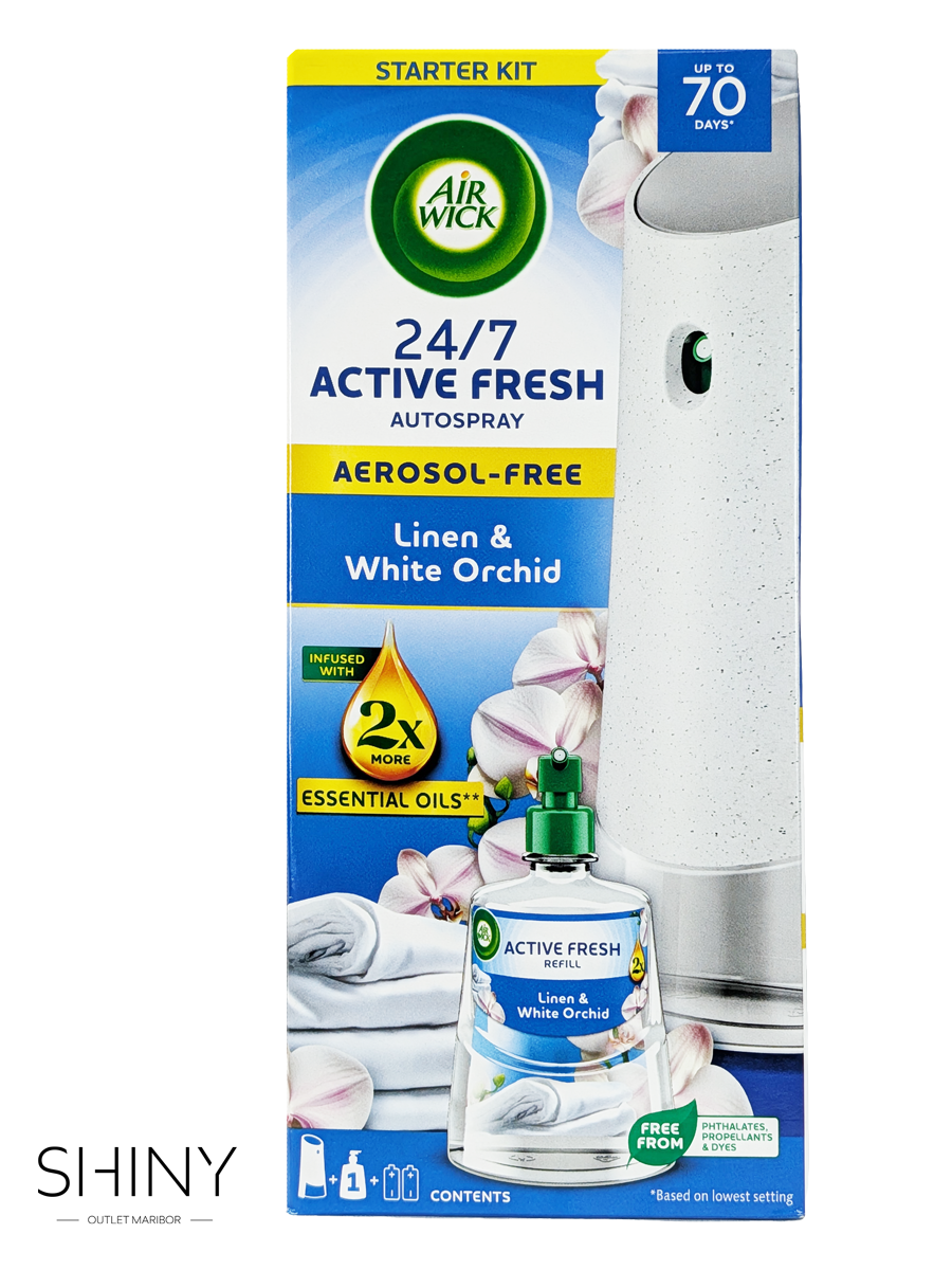 Air Wick Active Fresh Non-Aerosol Automatic Spray – Linen Orchid (228 ml) za dolgotrajno svežino prostora z enostavno avtomatsko razpršitvijo.