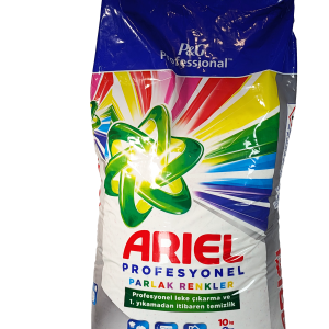 Ariel 10 kg detergent v prahu – ekstra veliko pakiranje za močno čiščenje bele in barvne garderobe.