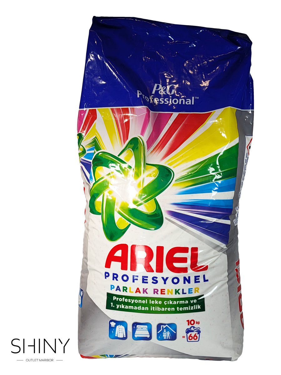 Ariel 10 kg detergent v prahu – ekstra veliko pakiranje za močno čiščenje bele in barvne garderobe.