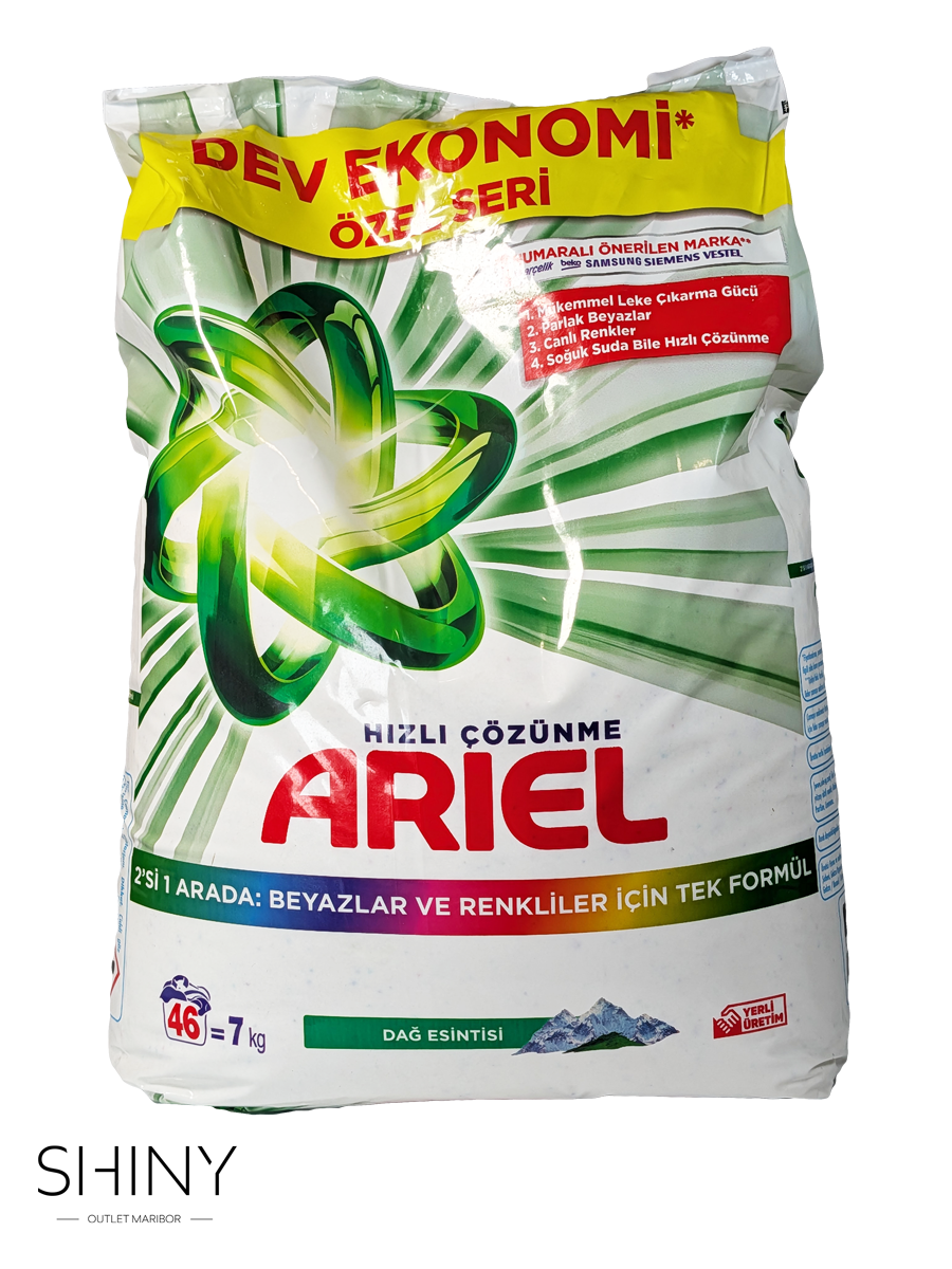 Ariel 7 kg detergent v prahu – učinkovito čiščenje za belo in barvno perilo, odlična moč odstranjevanja madežev.
