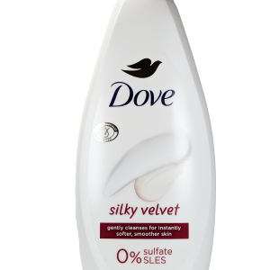 Dove Silky Velvet – žametno kremast gel za tuširanje za svilnato mehko kožo, obogaten z vlažilnimi sestavinami za razkošno nego.