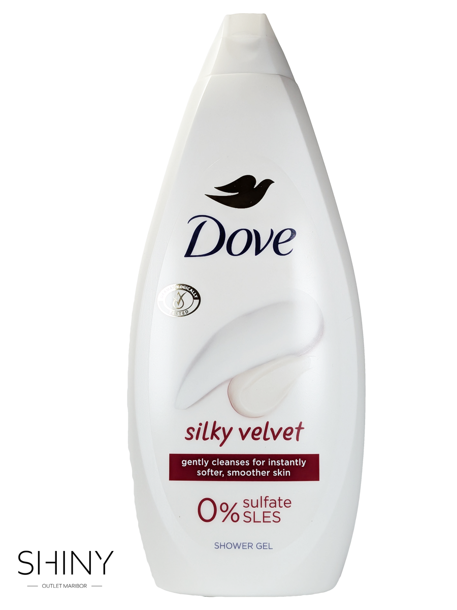 Dove Silky Velvet – žametno kremast gel za tuširanje za svilnato mehko kožo, obogaten z vlažilnimi sestavinami za razkošno nego.