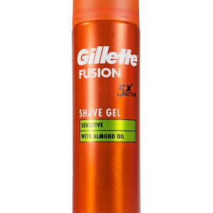 Nežen gel za britje Gillette Fusion Sensitive z mandljevim oljem za gladko, pomirjeno in zaščiteno kožo.