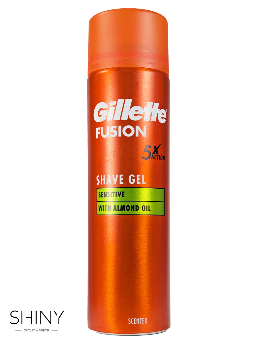 Nežen gel za britje Gillette Fusion Sensitive z mandljevim oljem za gladko, pomirjeno in zaščiteno kožo.