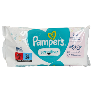 Pampers Sensitive robčki (80 kosov) nežno čistijo občutljivo otroško kožo brez alkohola in parfumov ter pomagajo ohranjati njen naravni pH.