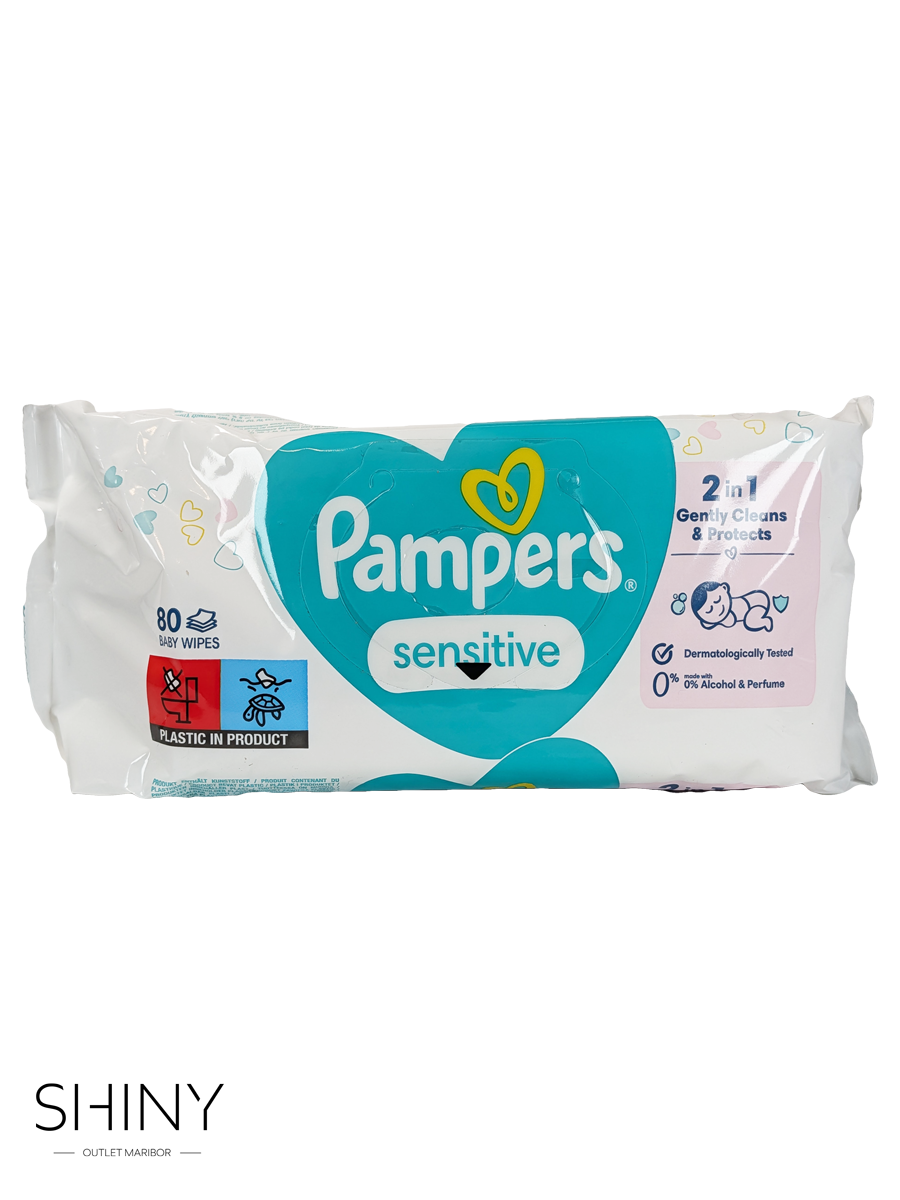 Pampers Sensitive robčki (80 kosov) nežno čistijo občutljivo otroško kožo brez alkohola in parfumov ter pomagajo ohranjati njen naravni pH.