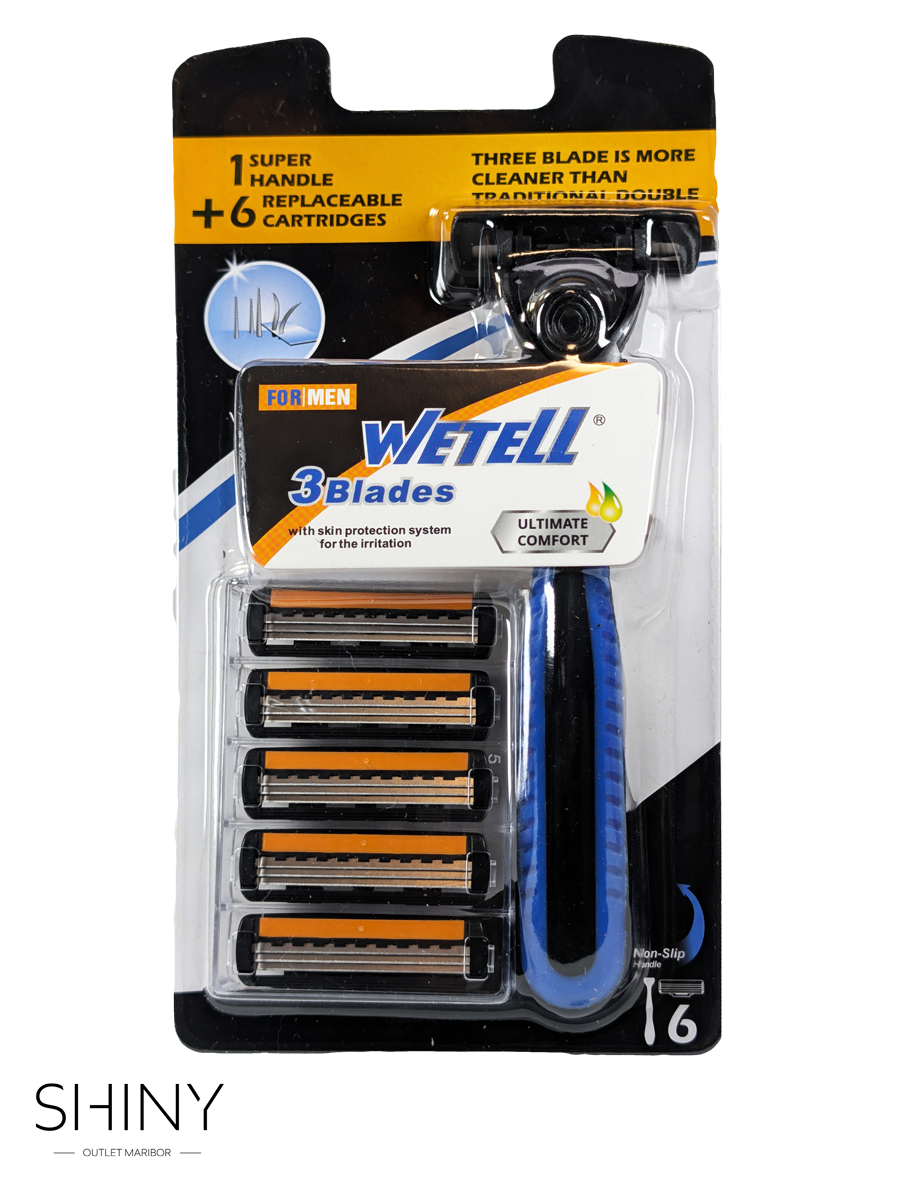 Wetell 3 Blades britvica z enim ročajem in šestimi rezili – ultimativno udobje, ne drsi in ščiti kožo pri vsakem britju.